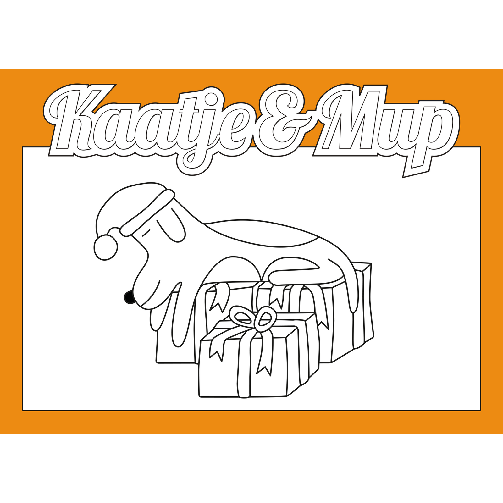 Coloring page card Kaatje&amp;Mup - Mup sleeps on presents