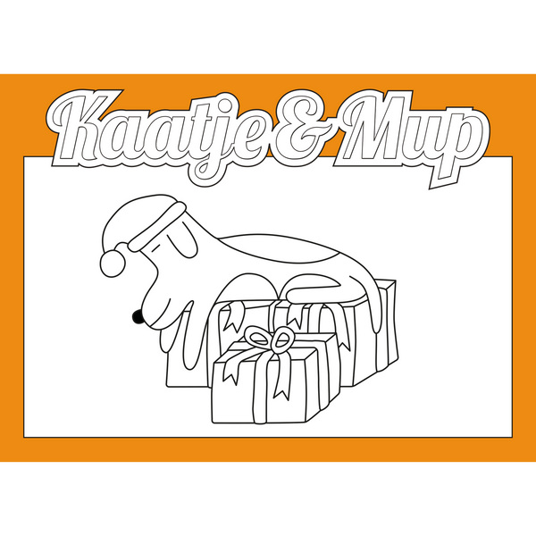 Coloring page card Kaatje&amp;Mup - Mup sleeps on presents