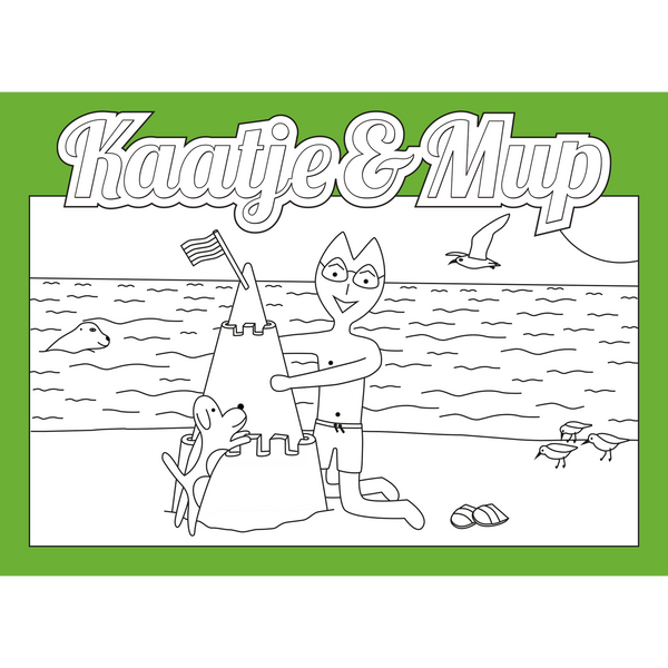 Coloring page card - Green - 13x18cm - Geez is building a sand castle