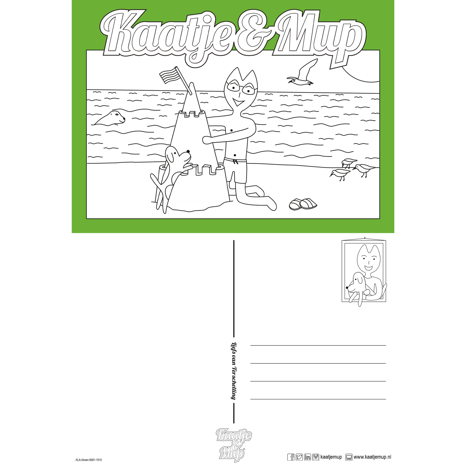 Coloring page card - Green - 13x18cm - Geez is building a sand castle