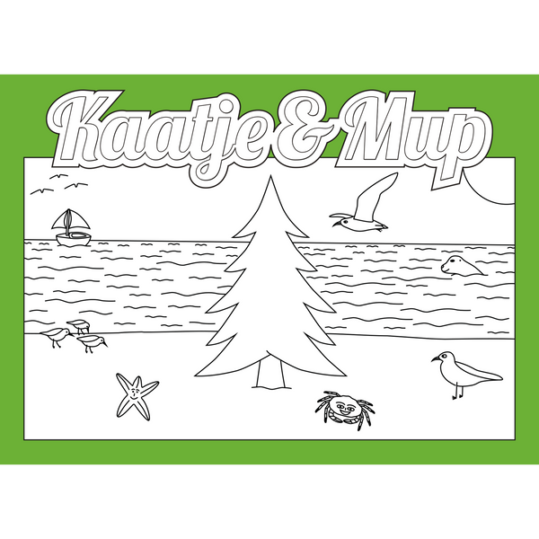 Coloring page card Kaatje&amp;Mup - Christmas tree on the beach