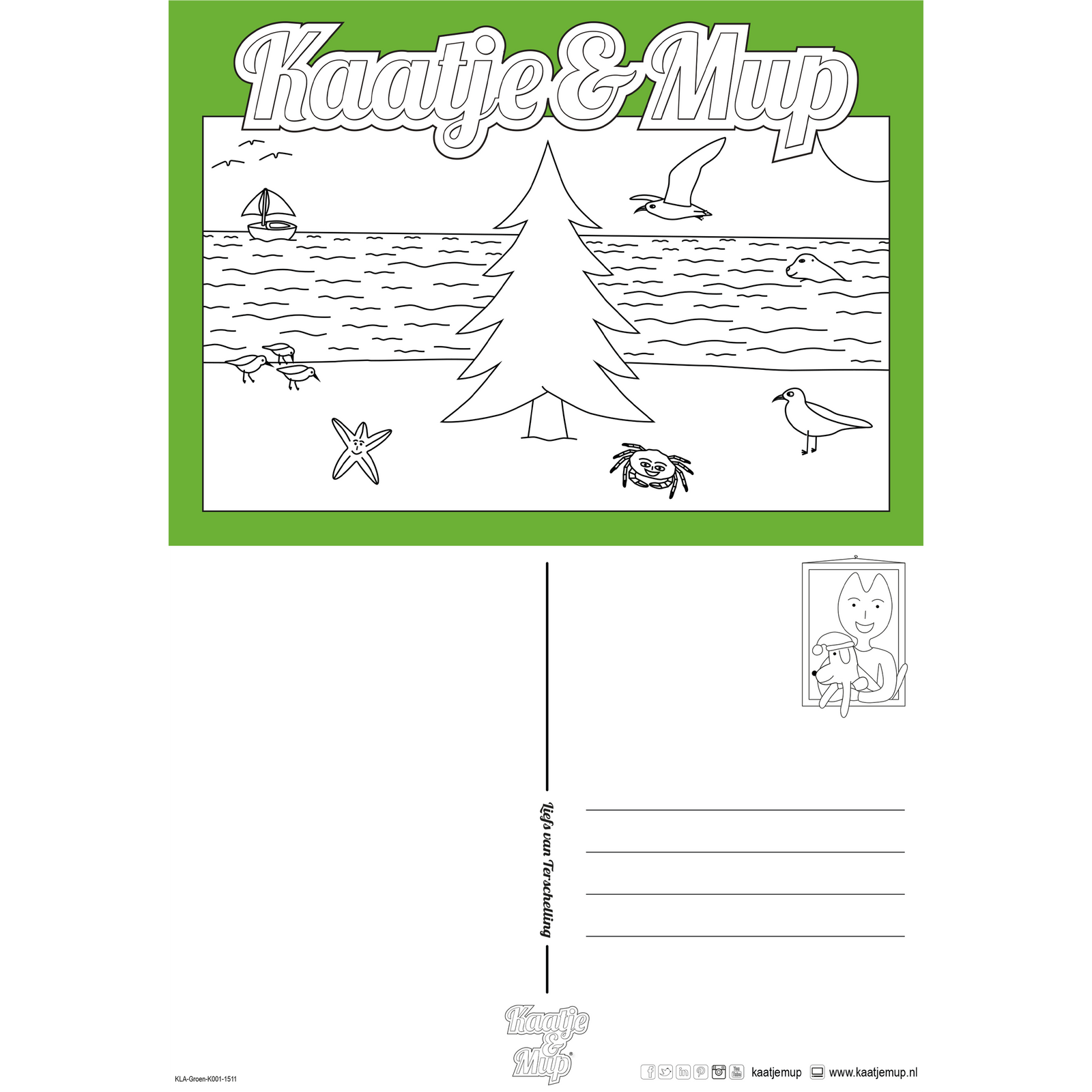 Coloring page card Kaatje&amp;Mup - Christmas tree on the beach