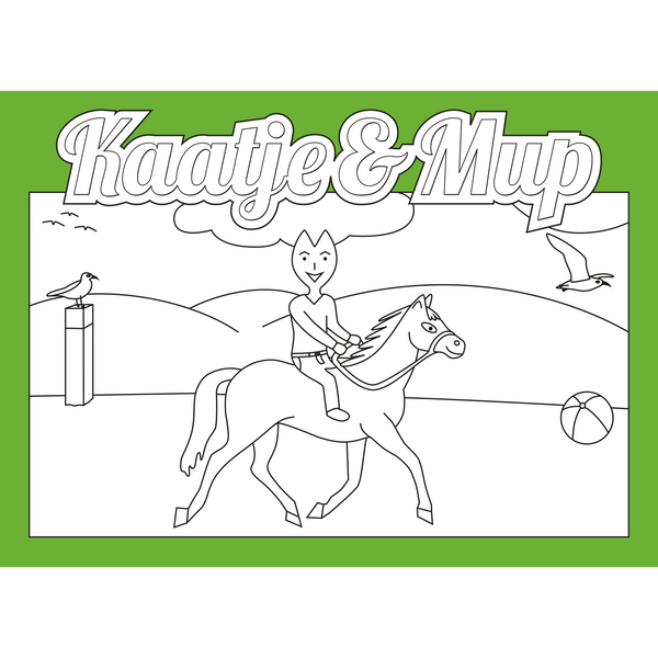 Coloring page card - Green - 13x18cm - Geez rides a horse on the beach