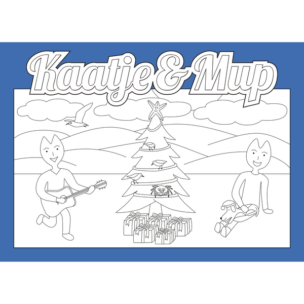 Coloring page card Kaatje&amp;Mup - Christmas on the beach with Kaatje, Mup and Jeetje
