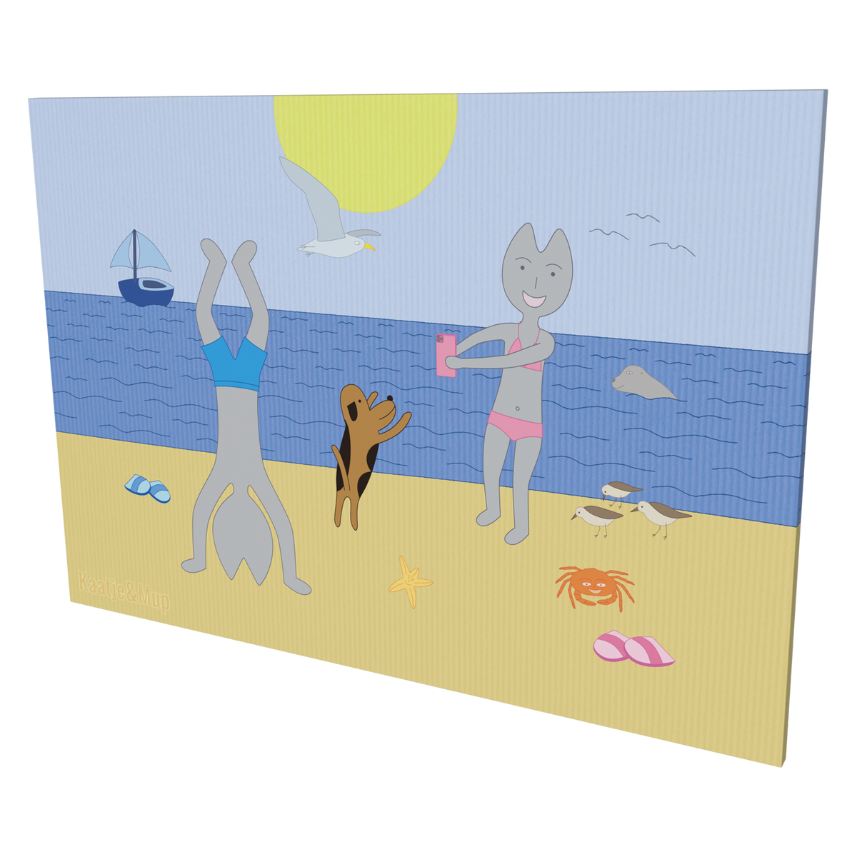 Canvasdoek: Kaatje maakt foto's van Mup en Jeetje op het strand