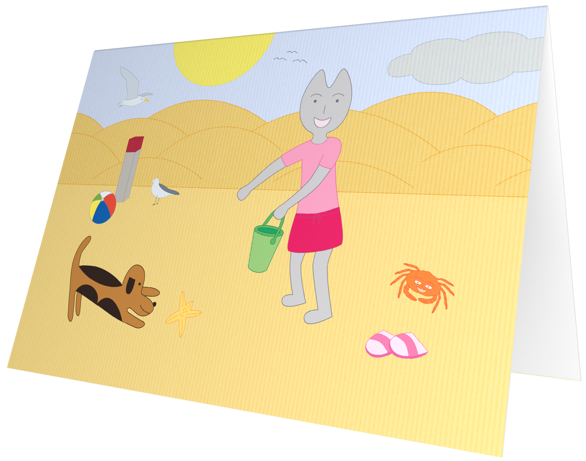 Ansichtkaart van Kaatje&Mup: Kaatje en Mup op het strand met een emmer