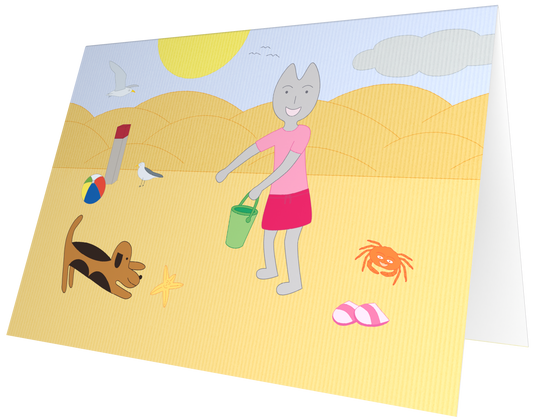 Ansichtkaart van Kaatje&Mup: Kaatje en Mup op het strand met een emmer