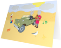 Ansichtkaart Met de jeep op het strand