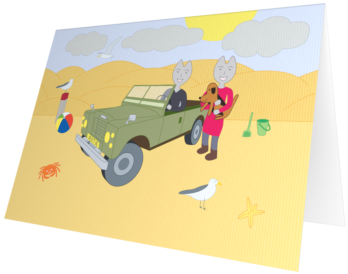 Ansichtkaart van Kaatje&Mup: met de jeep op het strand