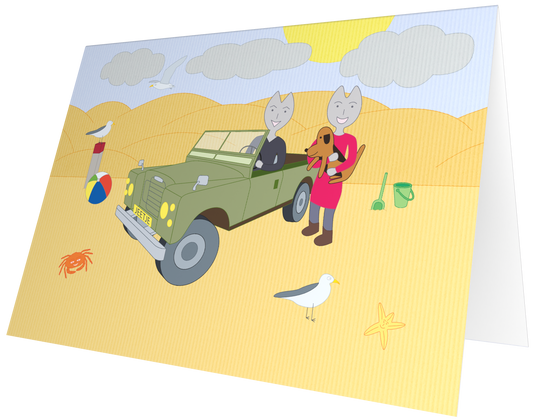 Ansichtkaart van Kaatje&Mup: met de jeep op het strand