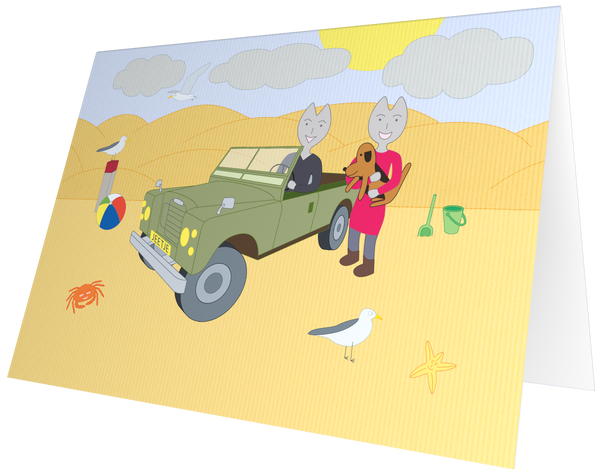 Ansichtkaart Met de jeep op het strand