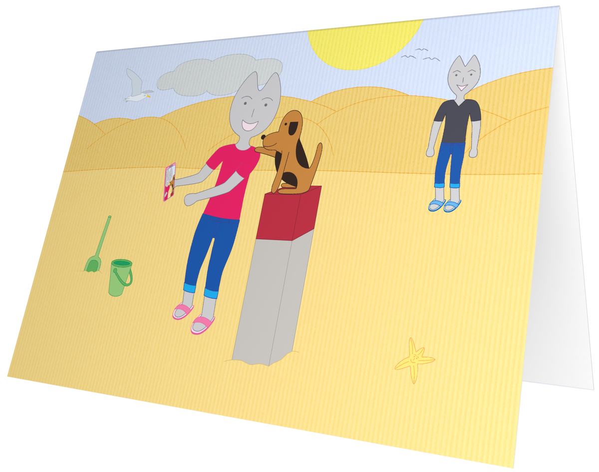 Ansichtkaart van Kaatje&Mup: een selfie maken op het strand