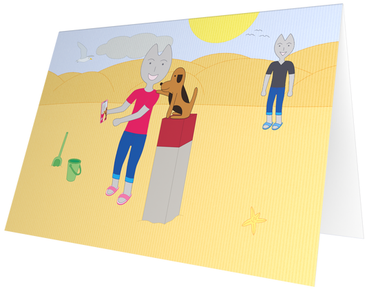 Ansichtkaart van Kaatje&Mup: een selfie maken op het strand