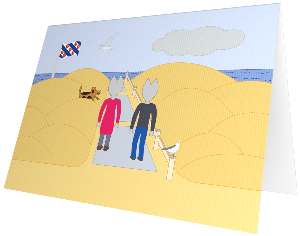 Ansichtkaart van Kaatje&Mup: op weg naar het strand met een vlag