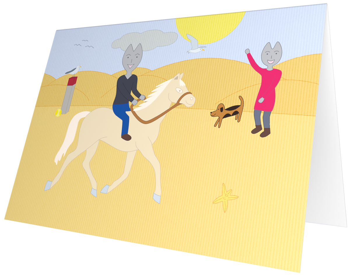 Ansichtkaart van Kaatje&Mup: paardrijden op het strand