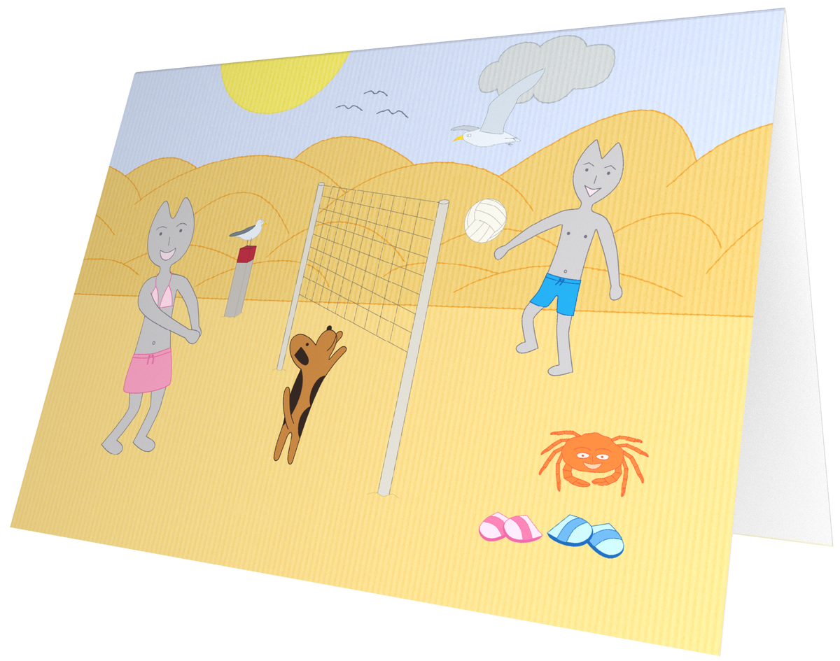 Ansichtkaart van Kaatje&Mup: volleyballen op het strand