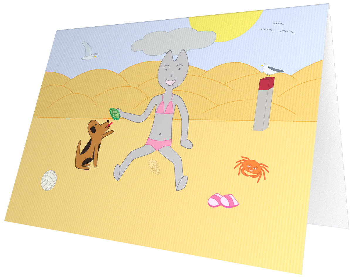 Ansichtkaart van Kaatje&Mup: zandtaartjes maken op het strand