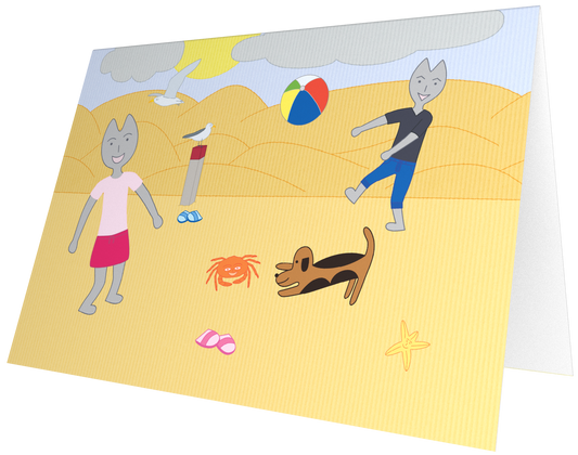 Ansichtkaart van Kaatje&Mup: spelen met de strandbal