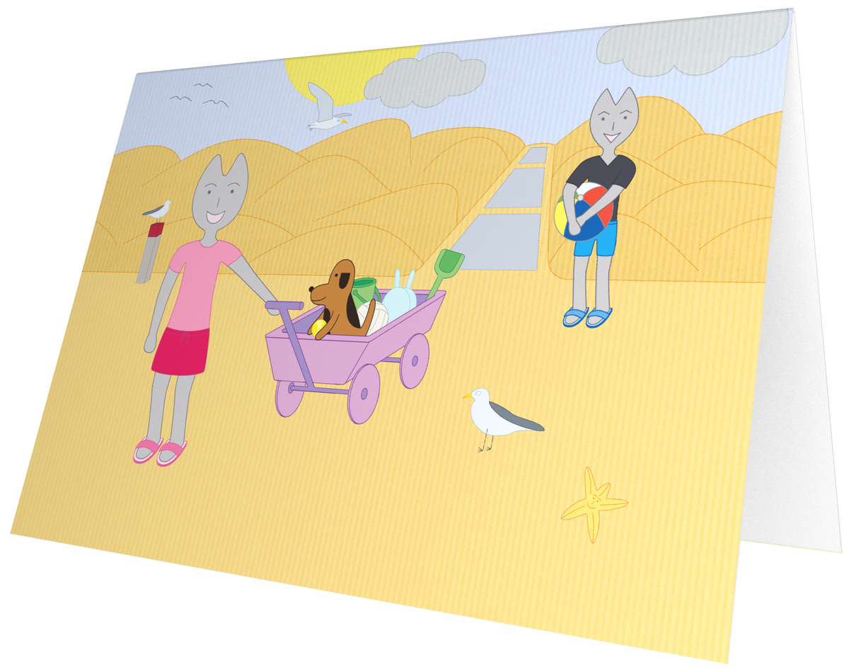 Ansichtkaart van Kaatje&Mup: met de bolderkar naar het strand