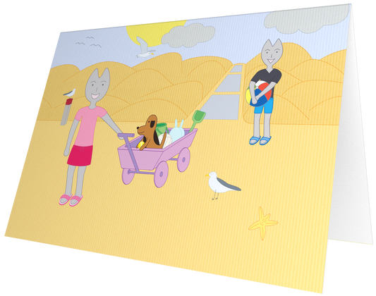 Ansichtkaart van Kaatje&Mup: met de bolderkar naar het strand