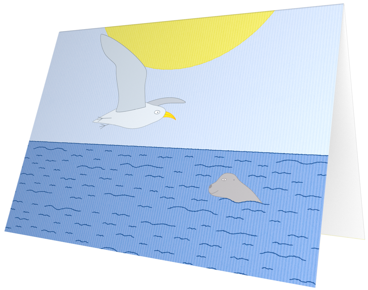 Ansichtkaart van Kaatje&Mup: een meeuw boven zee met een zeehond