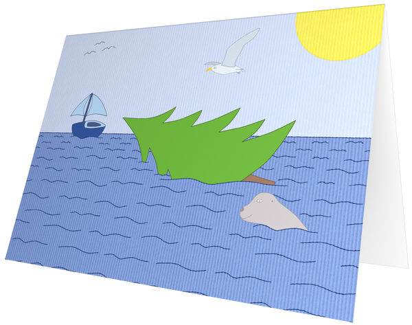 Ansichtkaart dennenboom in de zee
