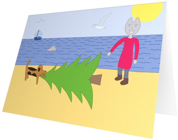 Ansichtkaart dennenboom op het strand