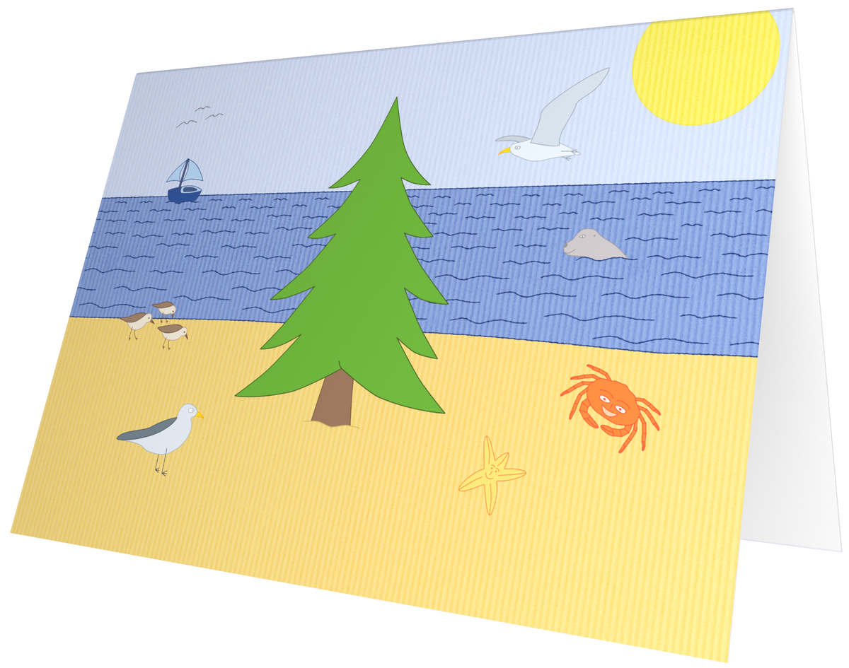 Ansichtkaart van Kaatje&Mup: een dennenboom op het strand