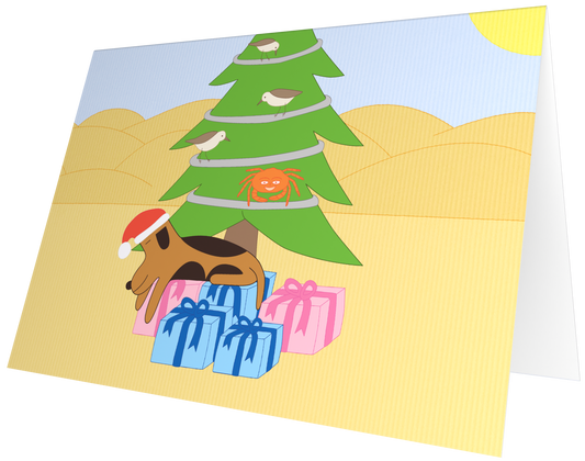 Ansichtkaart van Kaatje&Mup: Mup slaapt op de cadeautjes