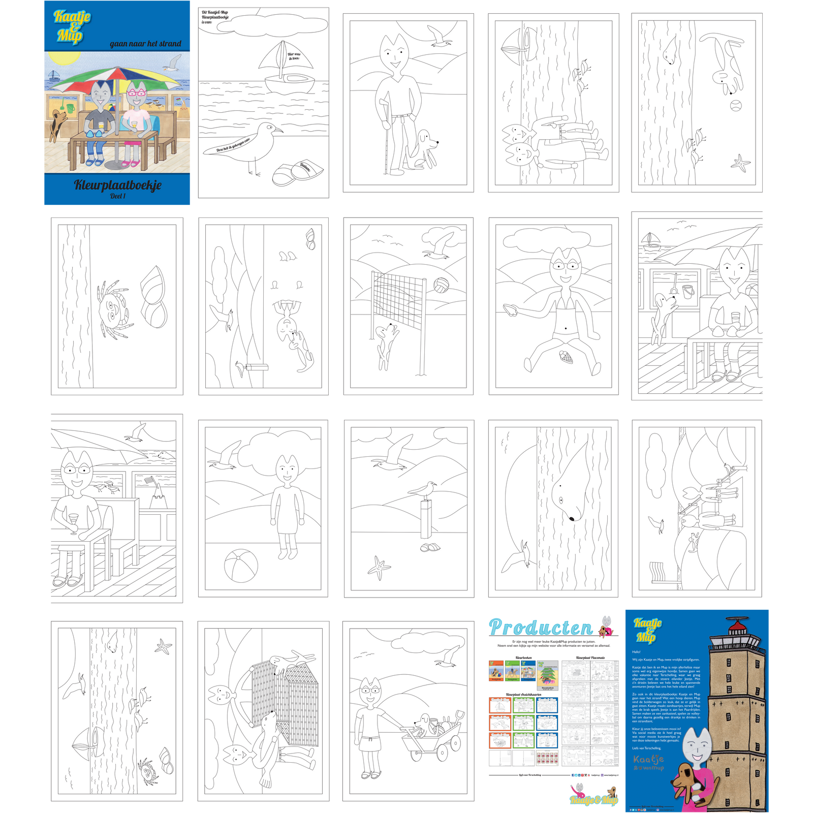 Coloring book Kaatje&amp;Mup A5: Going to the Beach - Blue Series, Part 1