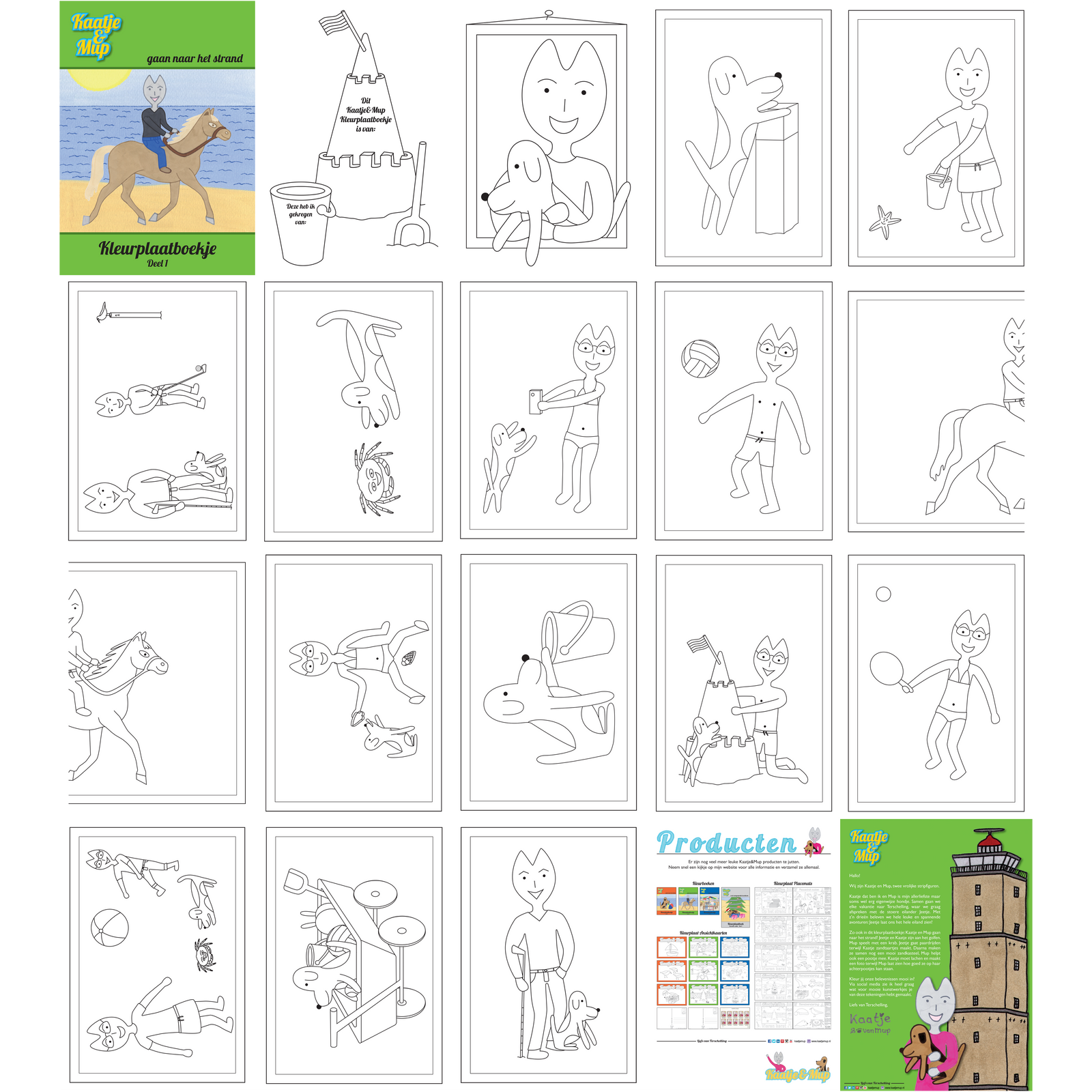 Coloring book Kaatje&amp;Mup A5: Going to the beach - Green series, Part 1