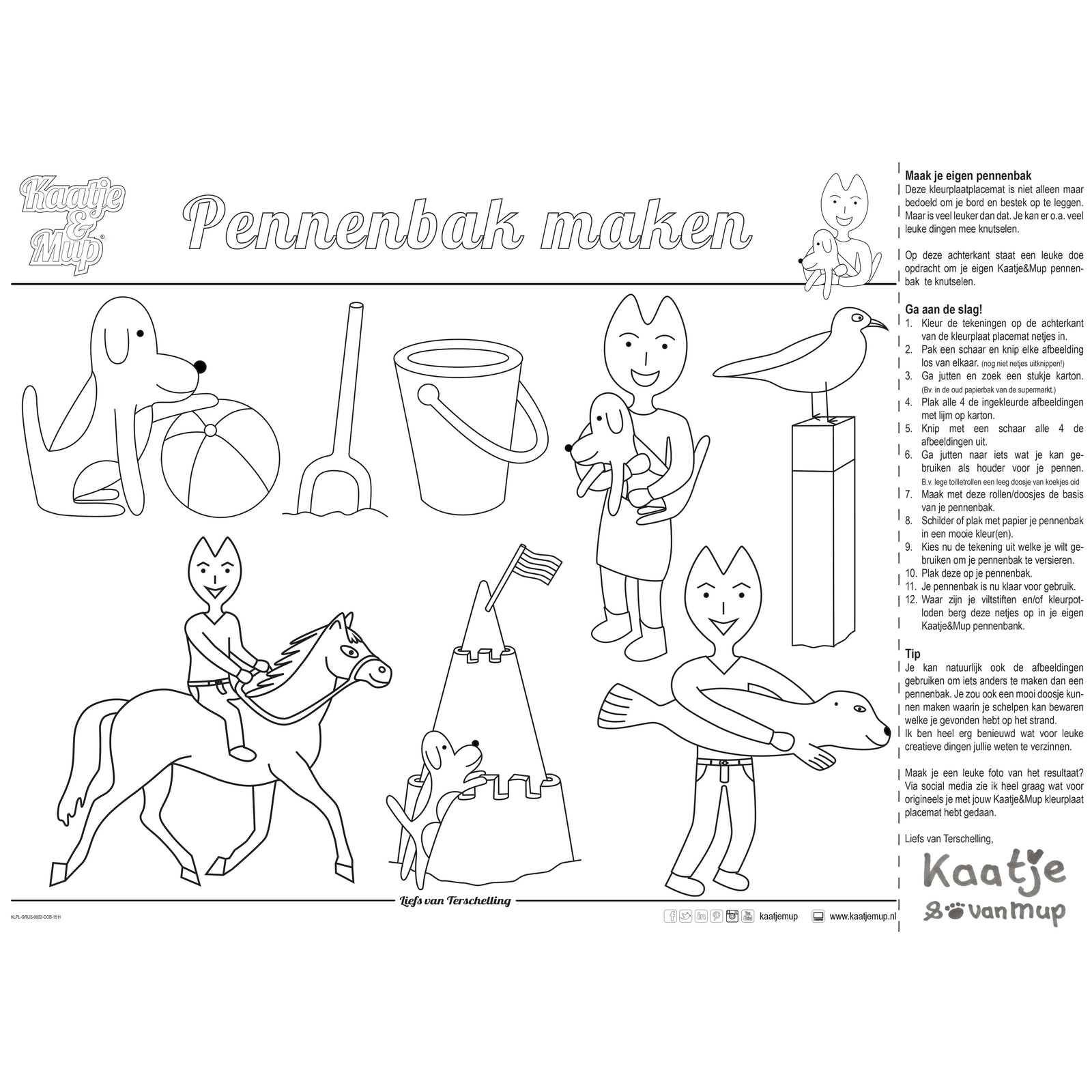 Mix: 3x Coloring page placemat Kaatje&amp;Mup - Going to the beach