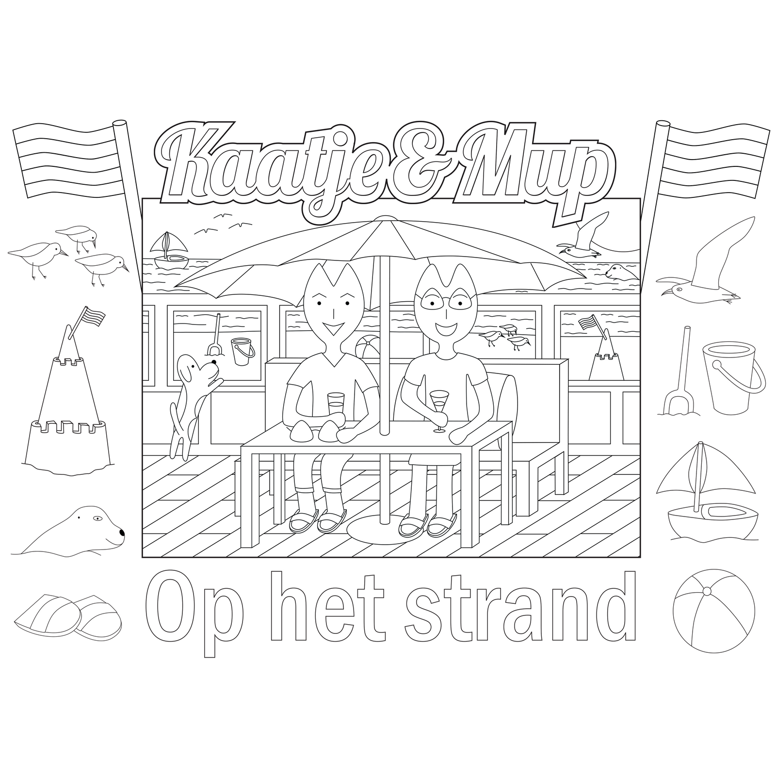 Coloring page placemat Kaatje&amp;Mup - Beach tent