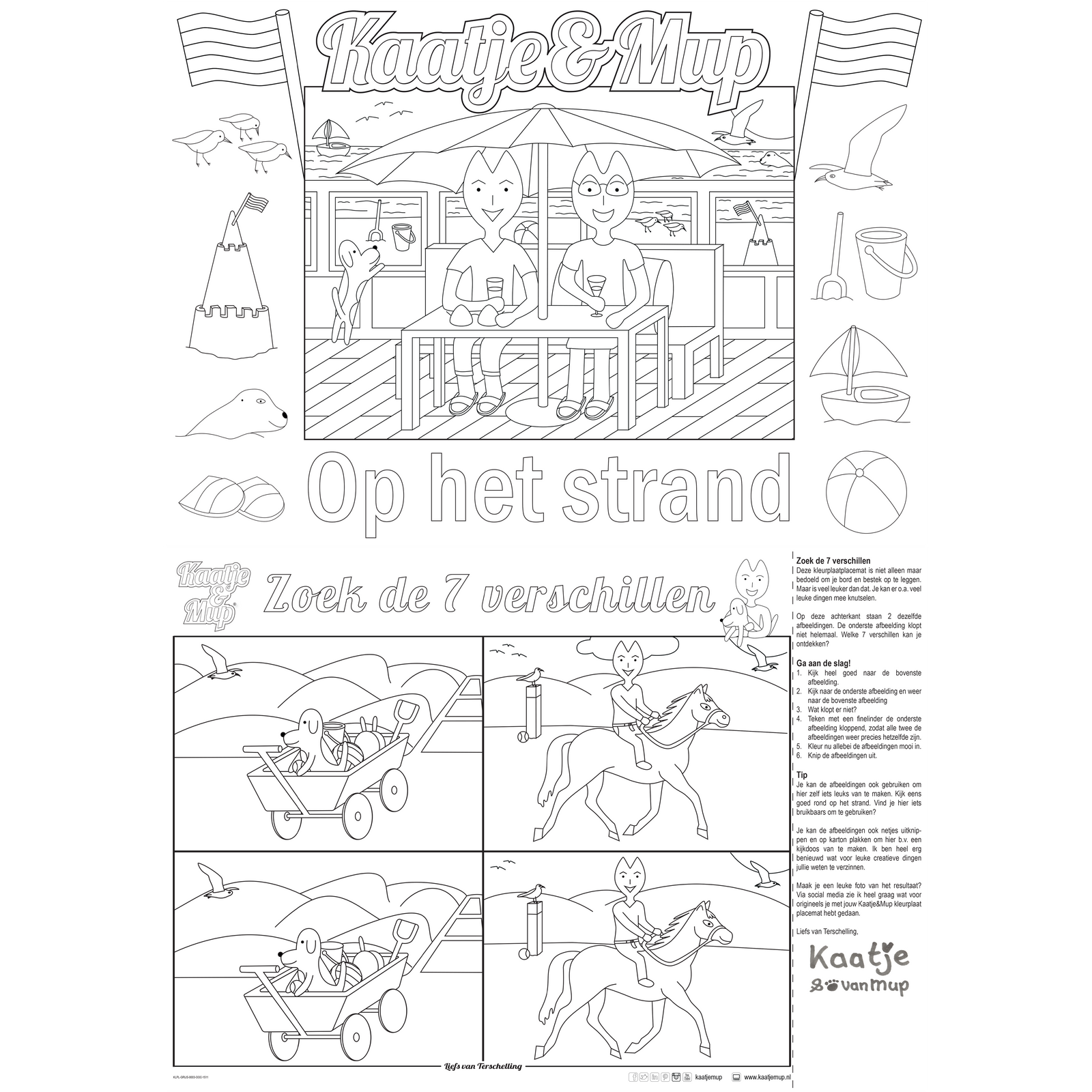 Coloring page placemat Kaatje&amp;Mup - Beach tent