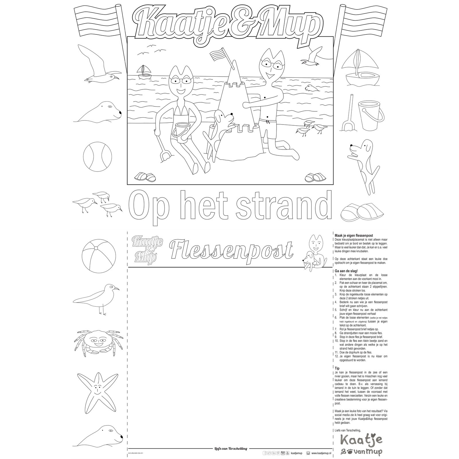 Coloring page placemat Kaatje&amp;Mup - Sandcastle