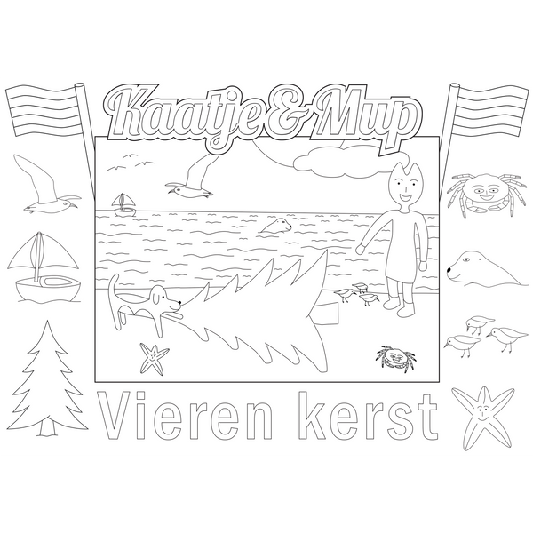 Coloring page placemat Kaatje&amp;Mup - Christmas tree washed ashore